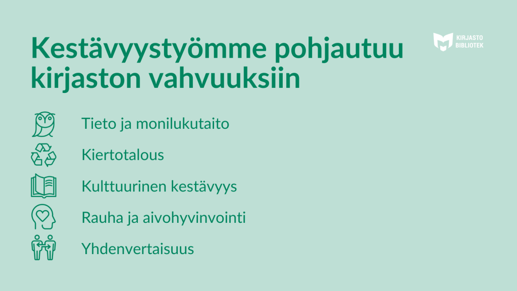 Juliste kirjaston vahvuudet kestävyystyössä.